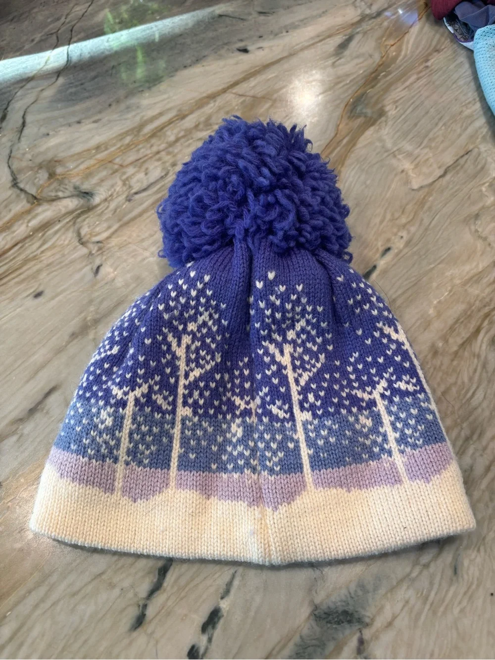Kids Pom Pom Winter Hat in Purple and Cream - 100% wool